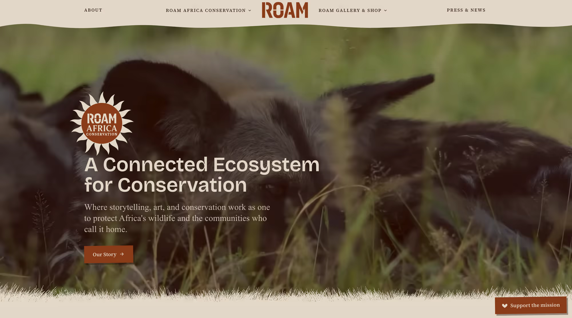 roam.eco homepage — “A Connected Ecosystem for Conservation” over a looping wildlife video hero.