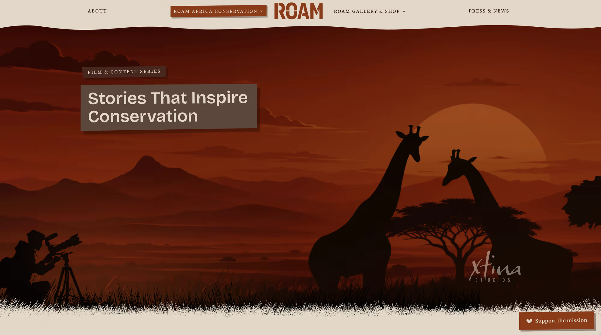 Film & Content Series page — illustrated savanna sunset hero, “Stories That Inspire Conservation.”