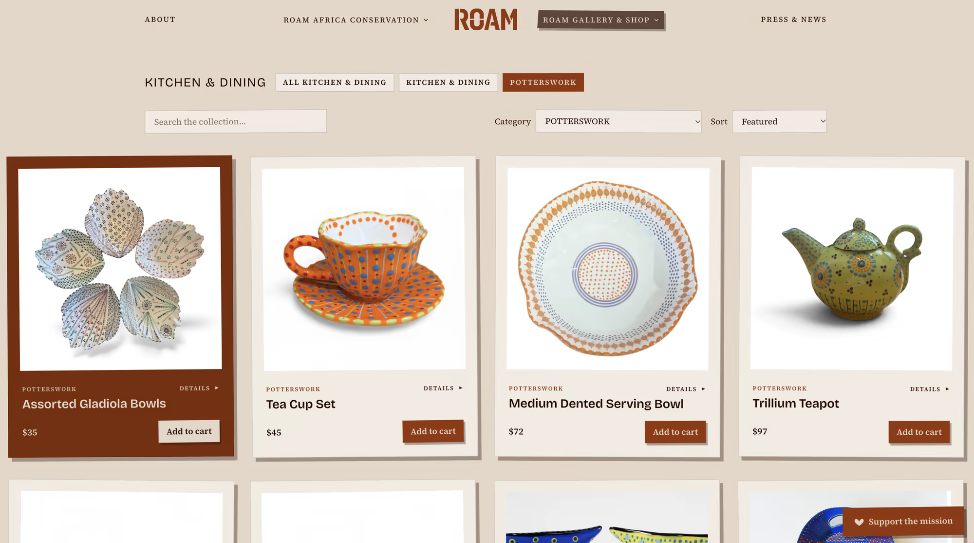 ROAM Gallery & Shop — headless Shopify storefront with collection filters, search, and add-to-cart.