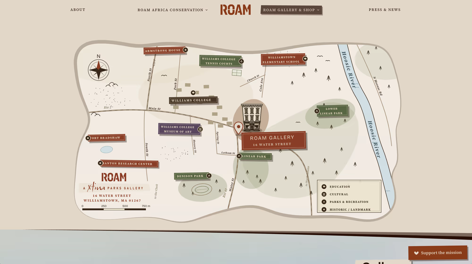 Illustrated map of Williamstown, Massachusetts, locating the ROAM Gallery among nearby landmarks.